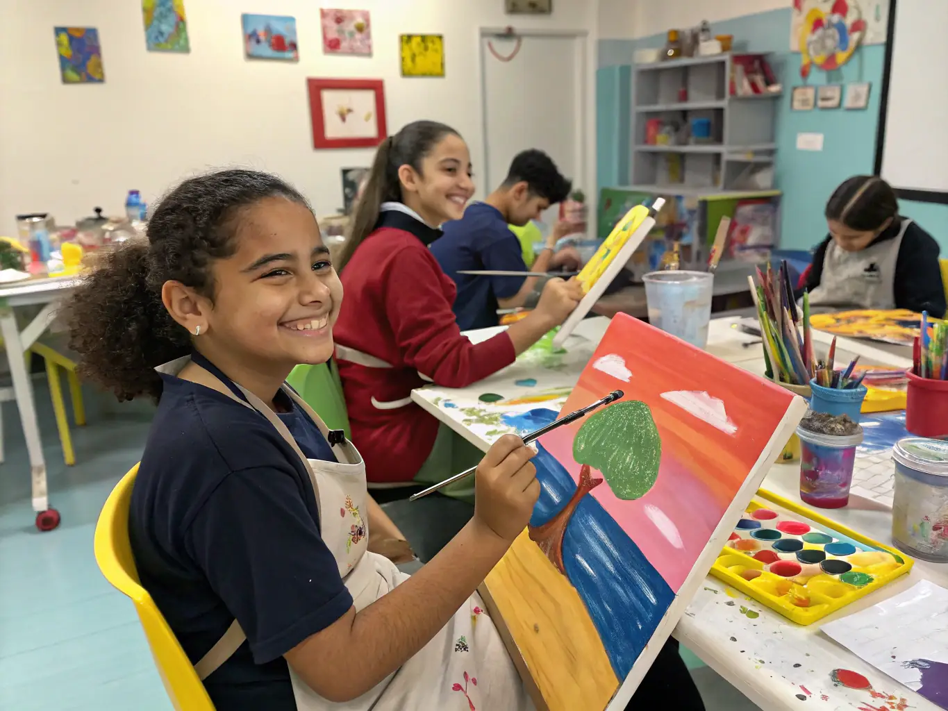 A vibrant image of children and youth engaged in a painting workshop, with colorful artworks and enthusiastic expressions, capturing the essence of creative exploration.