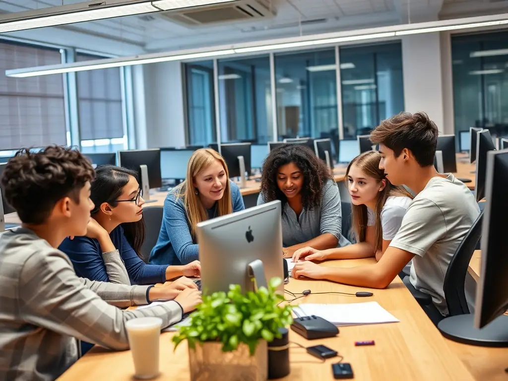 A dynamic image showing young people collaborating on a digital media project, such as creating a short film or designing a website. The scene is set in a modern computer lab with various digital tools and equipment.