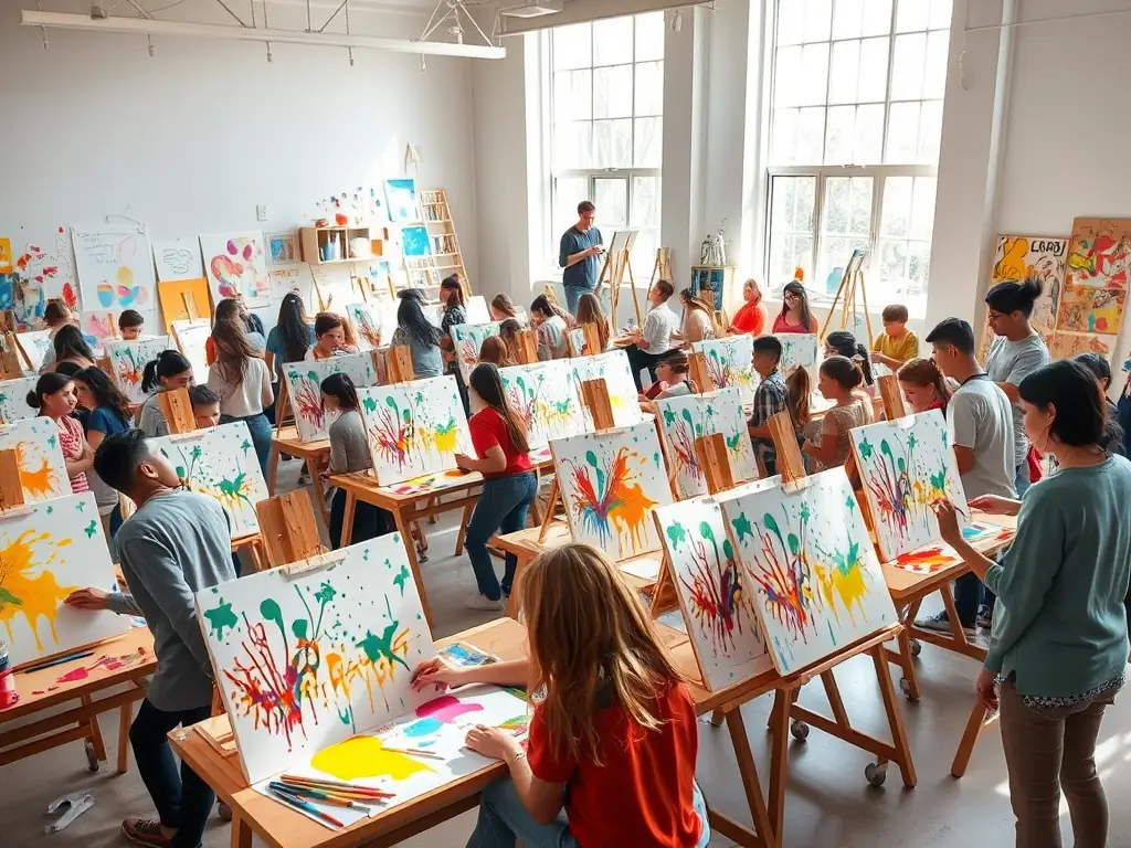 A vibrant image depicting young people participating in a painting workshop, showcasing creativity and artistic expression. The setting is a bright, open studio with easels and colorful art supplies.