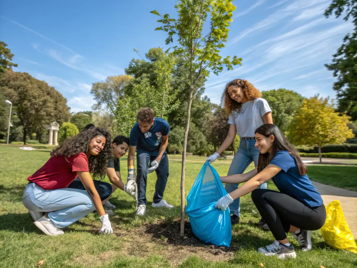 A photograph capturing a group of young individuals participating in a civic engagement activity, such as a community cleanup or a mock debate. The image conveys a sense of teamwork and active citizenship.