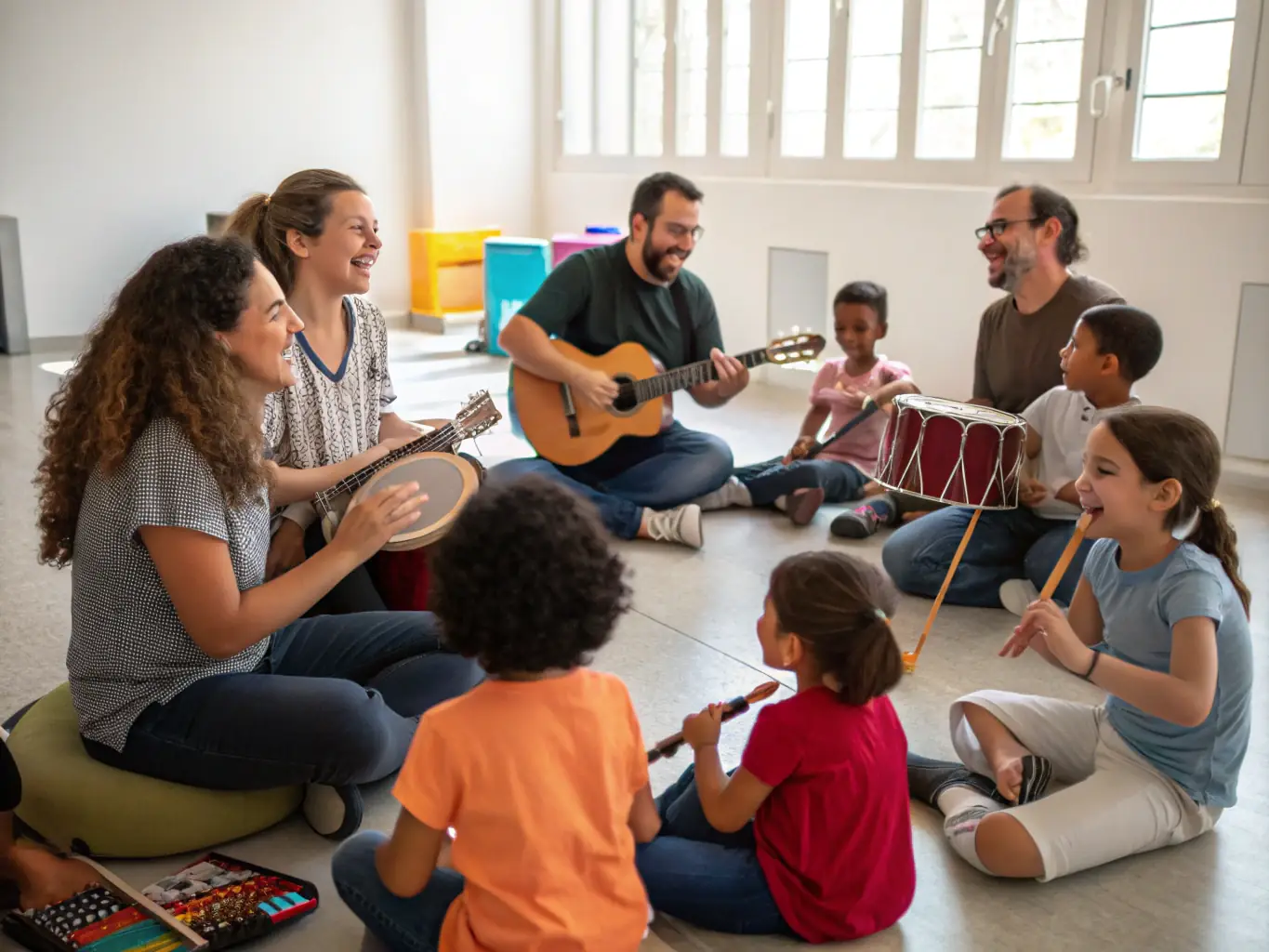An image depicting children participating in a music class, playing various instruments and singing together, highlighting the joy of musical expression.