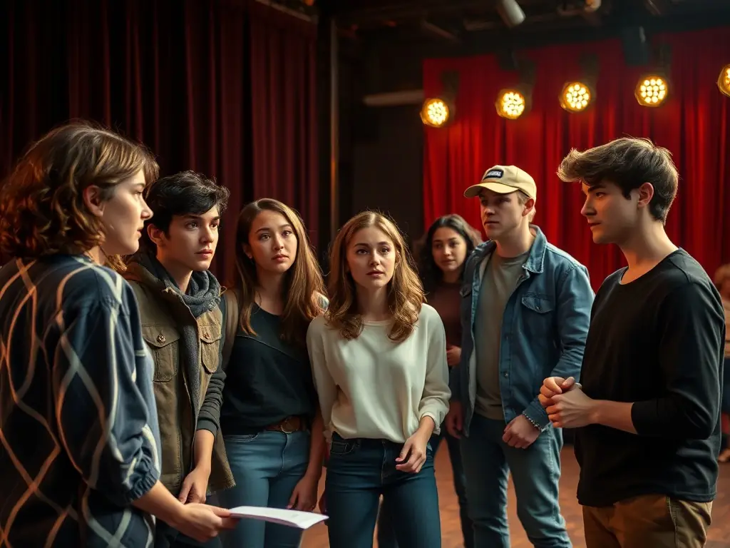 A photograph showcasing a group of young participants actively involved in a drama workshop, with expressive gestures and focused engagement.